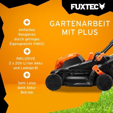 Акумуляторний газонокосарка FUXTEC 40V E1RM20 з 2x20V Li-Ion акумуляторами 2Ah та подвійним зарядним пристроєм – ширина зрізу 33 см, регульована висота зрізу