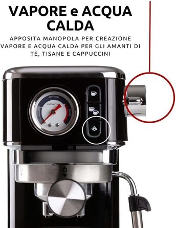Кавомашина еспресо Ariete Slim Metal 1381 с манометром, 15 бар, для кави меленої та ESE-подів, капучинатор, 1300 Вт, срібляста (чорна)