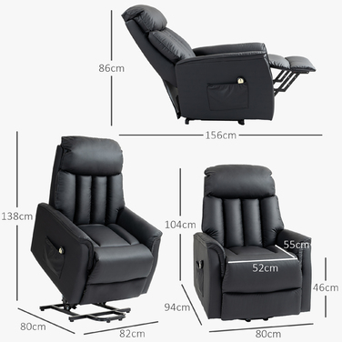 Електричне телевізійне крісло HOMCOM Recliner з допоміжним засобом для сидіння, функцією відкидання, масажне крісло з підніжкою, бічною кишенею, пультом дистанційного керування, для вітальні, до 150 кг, штучна шкіра, чорний