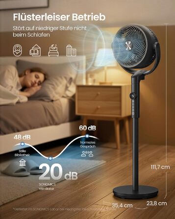 Вентилятор підлоговий SONGMICS XFC002W1EU (Чорний) тихий, з пультом, 120°/135° осциляція, 15 швидкостей, таймер, 3 режими, регульована висота