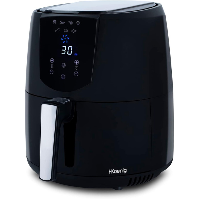 Безмасляна фритюрниця H.KOENIG FRY800, 4 л, 7 програм, сенсорне управління, регулювання температури 80-200°C, знімний кошик, 1400 Вт, можна мити в посудомийній машині