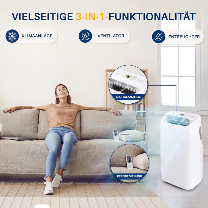 Мобільний кондиціонер SereneLife 3-в-1 з трубкою, 12 000 BTU, осушувач і вентилятор, для приміщень до 25 м², з пультом, видаляє 1,8 л вологи/год, білий
