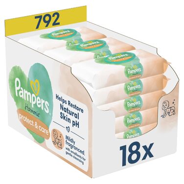 Дитячі вологі серветки Pampers Harmonie Protect & Care, без віддушок, 18 упаковок по 44 шт (792 серветки)