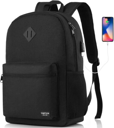 Рюкзак YAMTION для ноутбука 15.6'' з USB, чорний, універсальний для школи, підлітків, чоловіків і жінок, для навчання, роботи та подорожей
