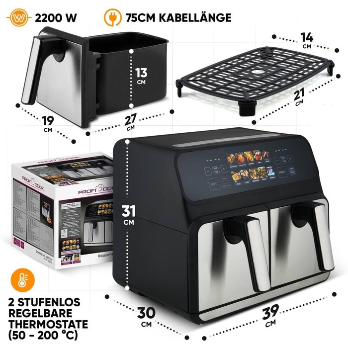 Аерофритюрниця ProfiCook 8 л з двома камерами, 2200 Вт, подвійна, без олії, кольоровий дисплей, модель 2024, чорна-нерж.