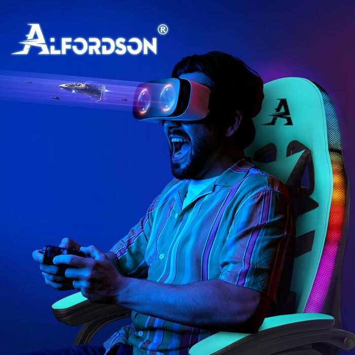 Ігрове крісло ALFORDSON з масажем, RGB LED, ергономічне, з підніжкою, підголівником і лумбарною подушкою, блакитне