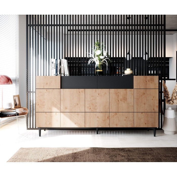 Комод Newfurn чорний дикий дуб, вінтажний індустріальний стиль, 180x90x42 см, для вітальні, спальні, передпокою, їдальні