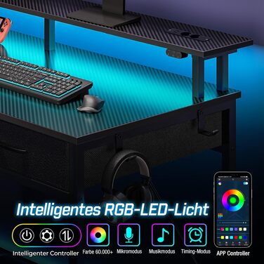 Письмовий стіл Rolanstar з шухлядами, розетками та LED підсвіткою, геймерський стіл з підставкою для монітора, поличкою та гаками (Чорний, 137x47x90.5 см)