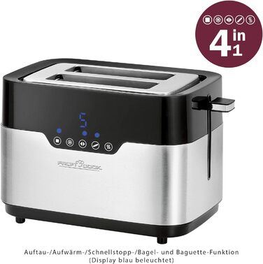 Тостер ProfiCook PC-TA 1170 з сенсорним управлінням, 2 скибки, підігрів булочок, 7 ступенів підсмажування, нержавіюча сталь, чорний