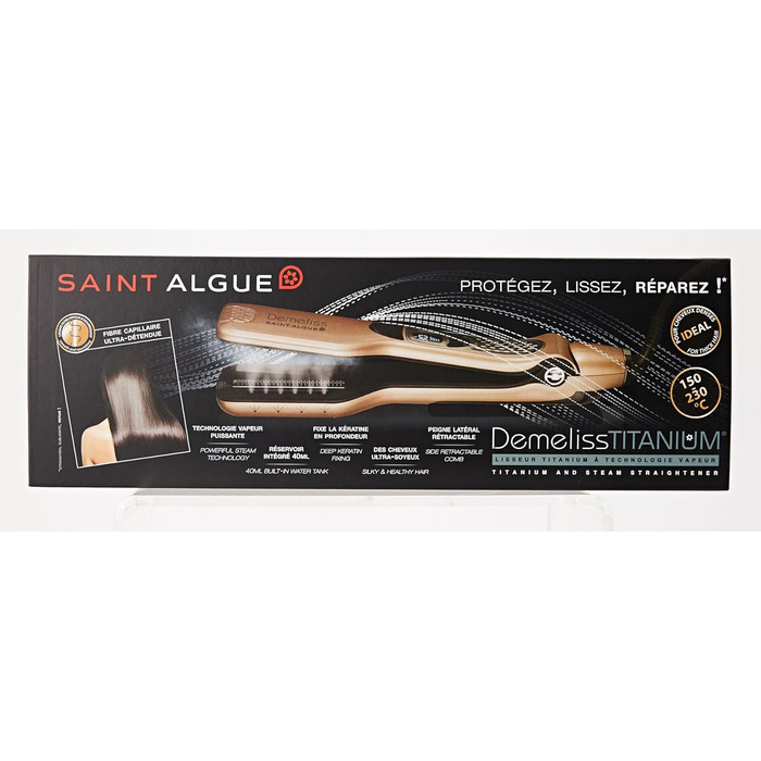 Парова випрямлячка для волосся Demeliss Saint Algue TITANIUM з титановим покриттям, знімним боковим гребінцем, резервуаром 40 мл, екстремальне випрямлення, захист волосся, золото/шампань