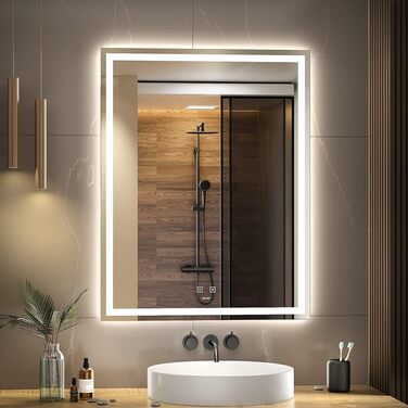 Дзеркало для ванної кімнати з LED-підсвічуванням, 90 x 60 см, Anti-Fog, IP44, регулювання по вертикалі та горизонталі