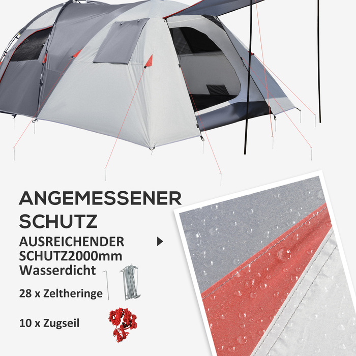 Outsunny Camping Tent 5-місний тунельний намет зі спальнею, сумка для перенесення, водяний стовп 2000 мм, сітчасте вікно, сірий