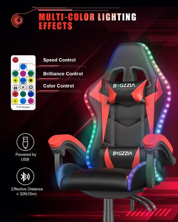 Ігрове крісло bigzzia з LED підсвіткою, ергономічне, чорне-червоне, комп'ютерний стілець для геймерів, регульоване по висоті, для підлітків та дорослих