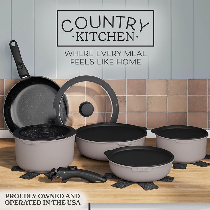 Набір посуду Country Kitchen 16 предметів: каструлі та сковорідки з антипригарним покриттям, знімними ручками Soft-Touch, для кемпінгу та приготування їжі в духовці (сірий)