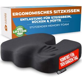 Подушка ортопедична для сидіння з піни Memory Foam 5 STARS UNITED: підтримка куприка, зняття болю в спині та при ішіасі, чорна