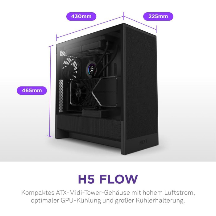 NZXT H5 Flow – компактний ігровий ATX Midi Tower корпус для ПК, високий повітряний потік, 2 вентилятори 120 мм, підтримка радіатора 360 мм спереду та 240 мм зверху, чорний