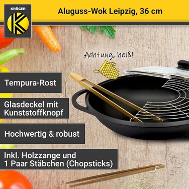 Алюмінієвий вок KRÜGER Leipzig 36 см з антипригарним покриттям, скляною кришкою та аксесуарами — ідеальний для овочів, локшини та рису