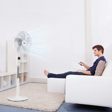 Вентилятор підлоговий Midea FS40-16CR з DC-мотором, 12 швидкостей, тиха робота 27 дБ, дистанційне керування, LED-дисплей, таймер 12 год, 4 режими, енергозбереження, 5 лопатей, регульована висота, білий