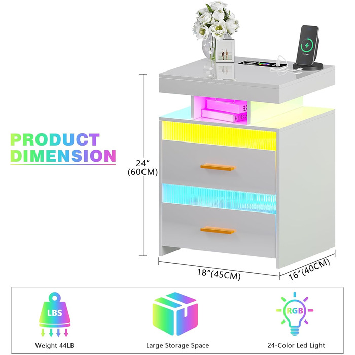 Нічний столик Lvifur з LED-підсвічуванням, сенсором руху та USB/Type-C зарядкою, 2 висувні ящики, бездротова зарядка, 3 кольори, регулювання яскравості, чорний колір