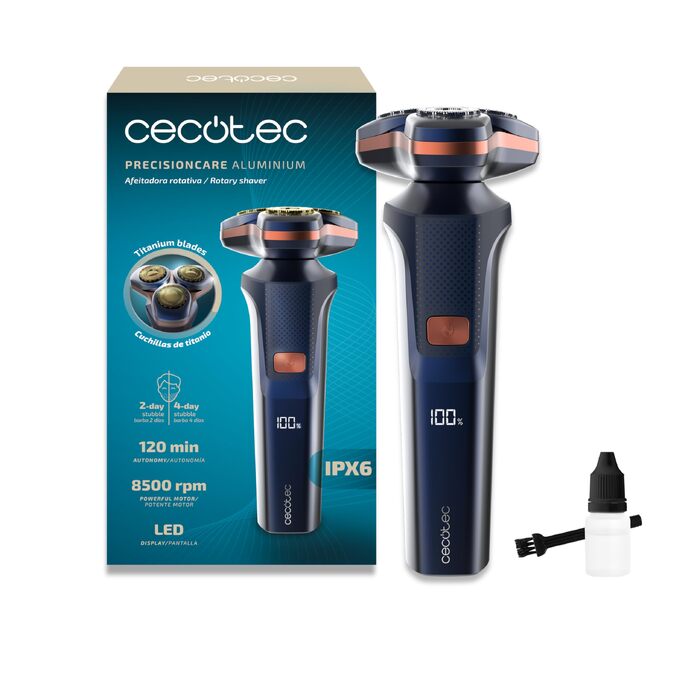 Електробритва Cecotec Precisioncare Aluminium: 70 хв роботи, нержавіюча сталь, IPX6, для дому та подорожей, 7200 об/хв