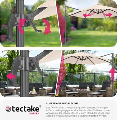 Сонцезахисна парасолька tectake 300 см, ампельна, з чохлом, регульована висота, складана, з педаллю і ручкою, UV 50+, для тераси або балкона, бежева