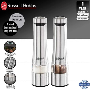Електричний набір млинків для солі та перцю Russell Hobbs, 2 шт, нержавіюча сталь, керамічний механізм, регулювання помолу, LED підсвітка