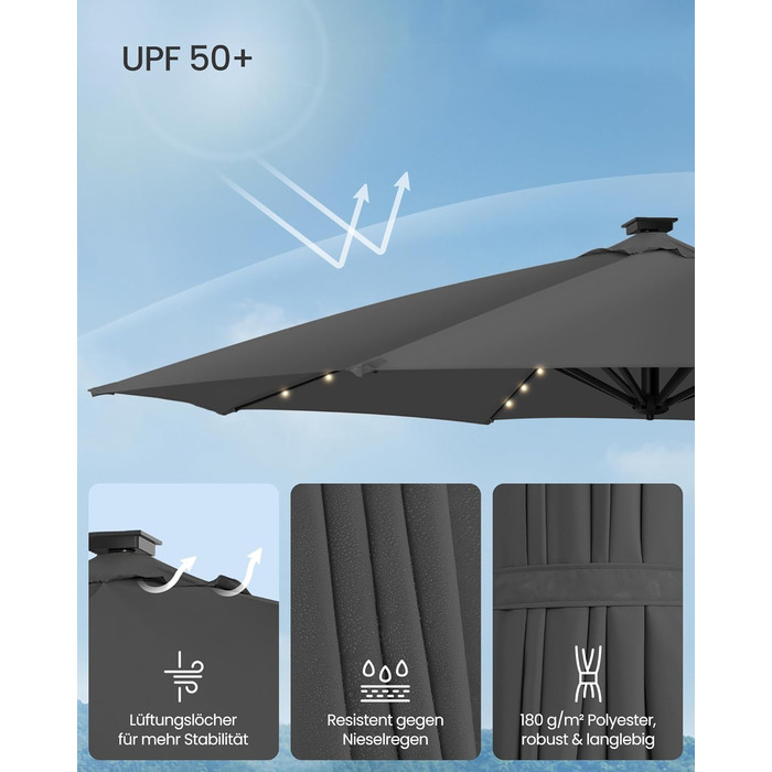 Парасоля SONGMICS для саду, 300 см, ампельна, 28 сонячних LED, UPF 50+, регулювання кута, 360° обертання, сірий