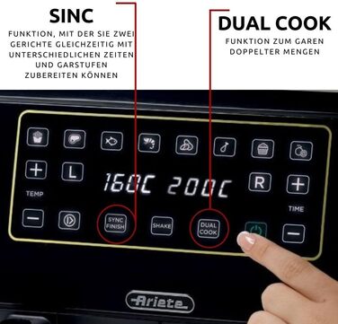 Аерофритюрниця Ariete 4623 Airy Fryer Dual, подвійна чаша, 1700 Вт, 8 л, 3 режими, сенсорне LED-управління, 8 програм, таймер, чорна