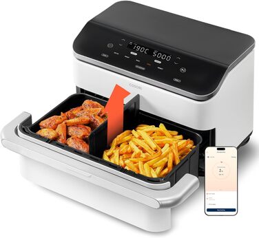 Аерофритюрниця з двома чашами COSORI Dual Blaze TwinFry 10 л, керамічне антипригарне покриття, 4 нагрівальні елементи, до 240°C, колір кремовий білий