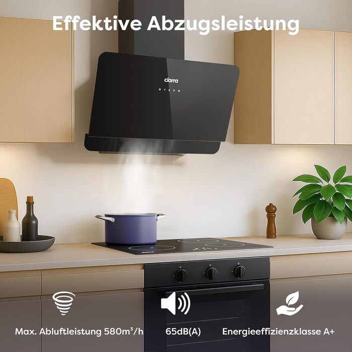 Похила витяжка для кухні CIARRA CBCS6765C 60 см, Edelstahl Glass, біла/чорна, 580 м³/год, з вугільним фільтром CBCF055, сенсорне керування, настінна