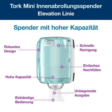 Диспенсер для паперових рушників Tork M2, внутрішня подача, біло-бірюзовий, для гігієнічної видачі по одному листу