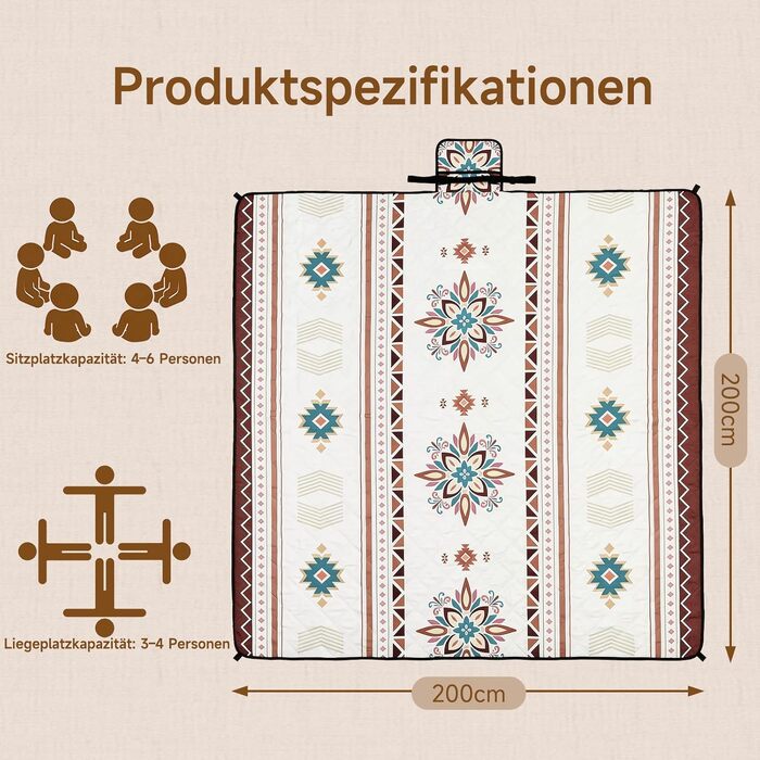 Водонепроникний плед для пікніка HAUSPROFI 200x200 см, ізольована тришарова ковдра для кемпінгу та пляжу, стійка до розривів, з ручкою та фіксаторами