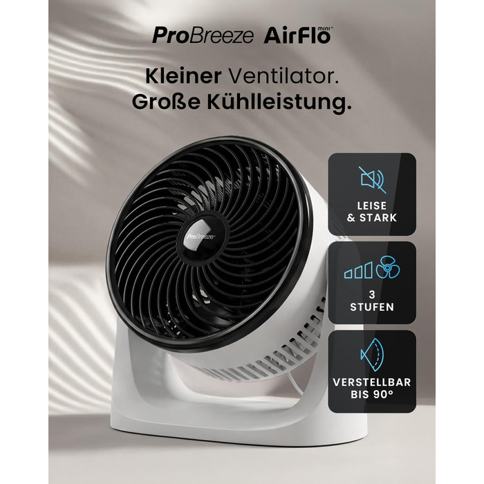 Вентилятор настільний Pro Breeze AirFlo Mini – Тихий турбо-вентилятор з 3 швидкостями, нахилом 90° та потужним потоком повітря до 4,2 м/с, компактний для офісу, спальні та робочого столу, білий
