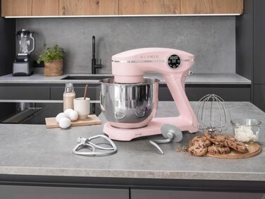 Кухонний комбайн KLAMER 1800W з чашею 6л з нержавіючої сталі, планетарний міксер для тіста з таймером, 10 швидкостей, набір насадок (гак, вінчик, міксер), колір Premium Pink