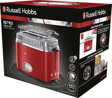 Тостер Russell Hobbs Retro 21680-56, нержавіюча сталь, червоний, 2 тости, 6 режимів, розморожування, підігрів