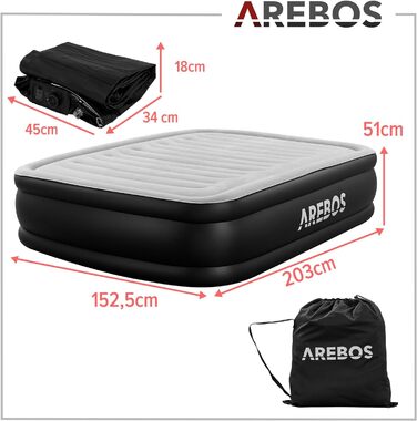 Надувний матрац Arebos 203x152,5x51 см для двох, з електричною помпою, гостьове ліжко, для кемпінгу та дому, сірий/антрацит, у комплекті сумка