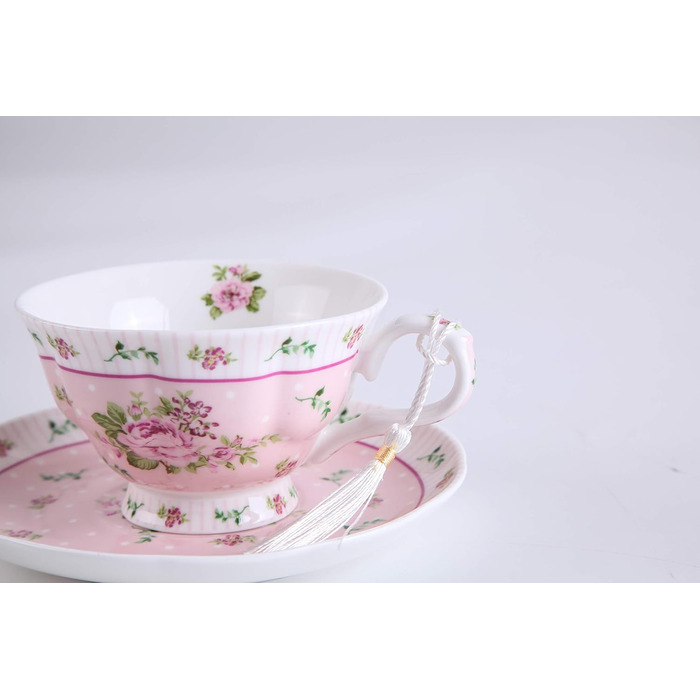 Чашка та блюдце з порцеляни Shabby Chic Vintage з птахом, метеликом і квітами у подарунковій коробці (рожевий колір)