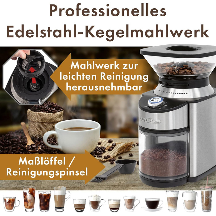 Електрична кавомолка ProfiCook PC-EKM 1205, 200 Вт, 16 режимів помелу, конічні жорна з нержавіючої сталі, таймер, до 230 г кавових зерен