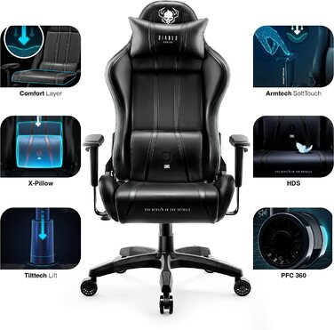 Ігрове крісло Diablo X-One 2.0, ергономічне, чорне, з регульованими підлокітниками, подушками для шиї та попереку, офісний стілець для геймерів, розмір L, функція гойдання