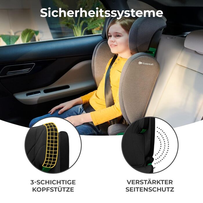 Дитяче автокрісло Kinderkraft JUNIOR FIX2 I-SIZE 15-36 кг, Isofix, регульована спинка і підголівник, група 2/3, 100-150 см, чорне