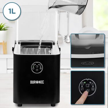 Автоматична льодогенераторна машина Duronic ICM12 BK, 1 л, до 12 кг льоду на добу, тихий компресор 54 дБ, 120 Вт, виготовлення кубиків льоду за 6-8 хвилин