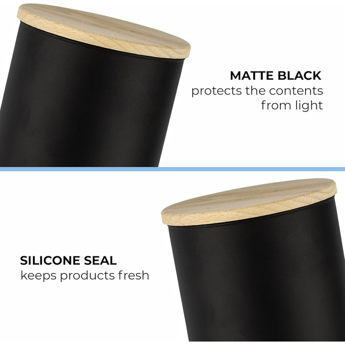 Набір з 6 чорних скляних контейнерів із дерев'яною кришкою, герметичні, 1385 мл, для чаю, кавових зерен, мюслі, спецій, зберігання продуктів, екологічні