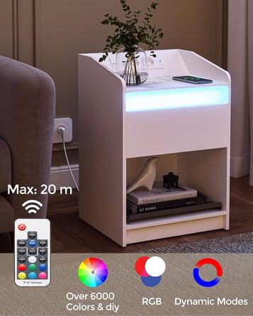 Тумба приліжкова Hzuaneri з LED-підсвіткою, USB, розетками, шухлядою та відкритою полицею, біла, для спальні та вітальні