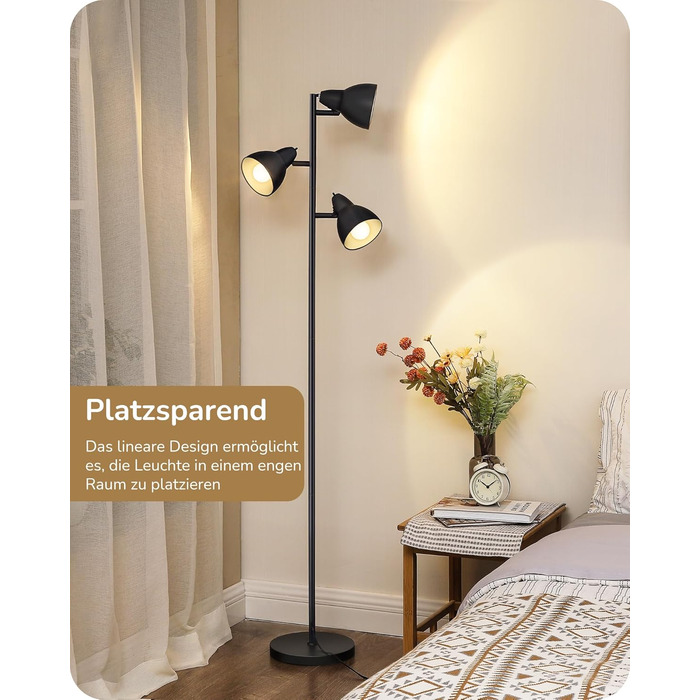 Торшер EDISHINE 163 см, 3 лампи, чорний, з LED-лампою E27, регульований, вінтажний, для вітальні, спальні, офісу, з індивідуальними вимикачами, сучасний дизайн, лампа у комплекті