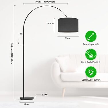 Торшер-арка Modlicht JASMIN з LED E27, чорний текстиль, 33 см, вінтаж, для вітальні, спальні, готелю