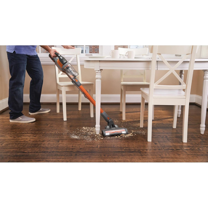 Акумуляторний пилосос BLACK+DECKER 4в1 18В 2.0Аг, безмішковий, для підлоги та ручний, з електрощіткою, бездротовий, комплект з насадкою для щілин, акумулятором, зарядним пристроєм і настінним кріпленням, Titanium/Orange