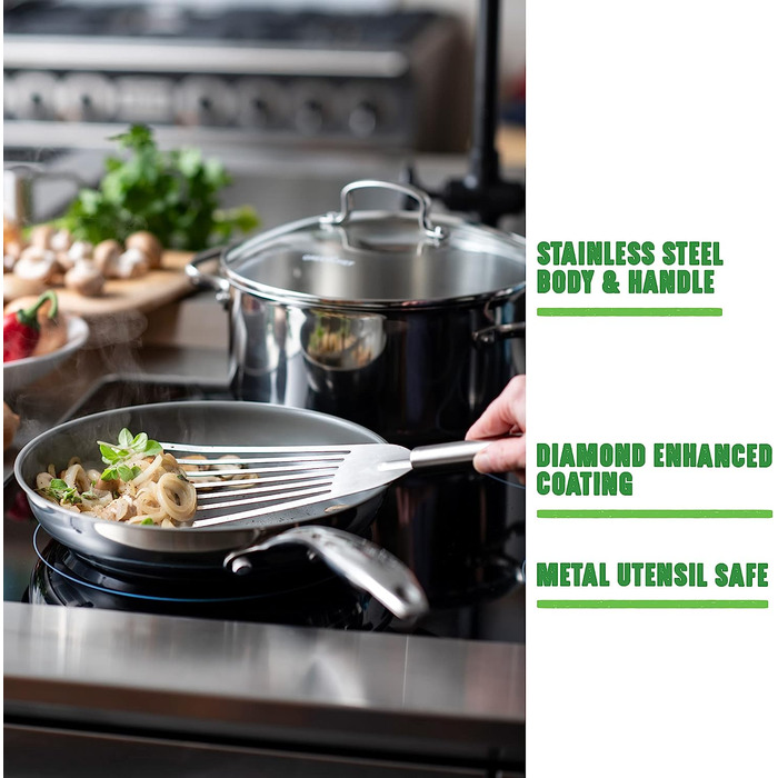 GreenChef Profile Plus каструля з антипригарною керамікою та нержавіючої сталі, 18 см, 2,1 л, з кришкою із загартованого скла, без PFAS, для індукції, жаростійка до 200°C, срібляста