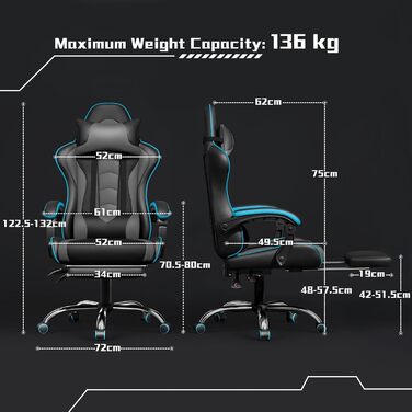 Ігровий крісло Yaheetech з масажем, регульованою спинкою 90-135°, з підніжкою. Білий (Чорний/Сірий)