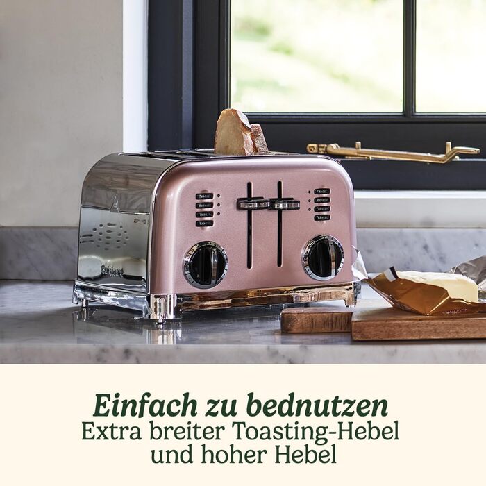Тостер Cuisinart на 4 скибки, широкі слоти, для товстого хліба та бейгелів, 6 режимів підсмажування, функція розморожування, підйомний важіль, рожевий колір