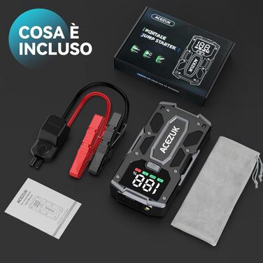 Бустер автомобільного акумулятора ACEZUK 4000A 12V — Пусковий пристрій (Jump Starter) для авто, SUV, мотоциклів та газонокосарок (до 7.0L бензин / 5.5L дизель) з LED-ліхтарем та цифровим дисплеєм